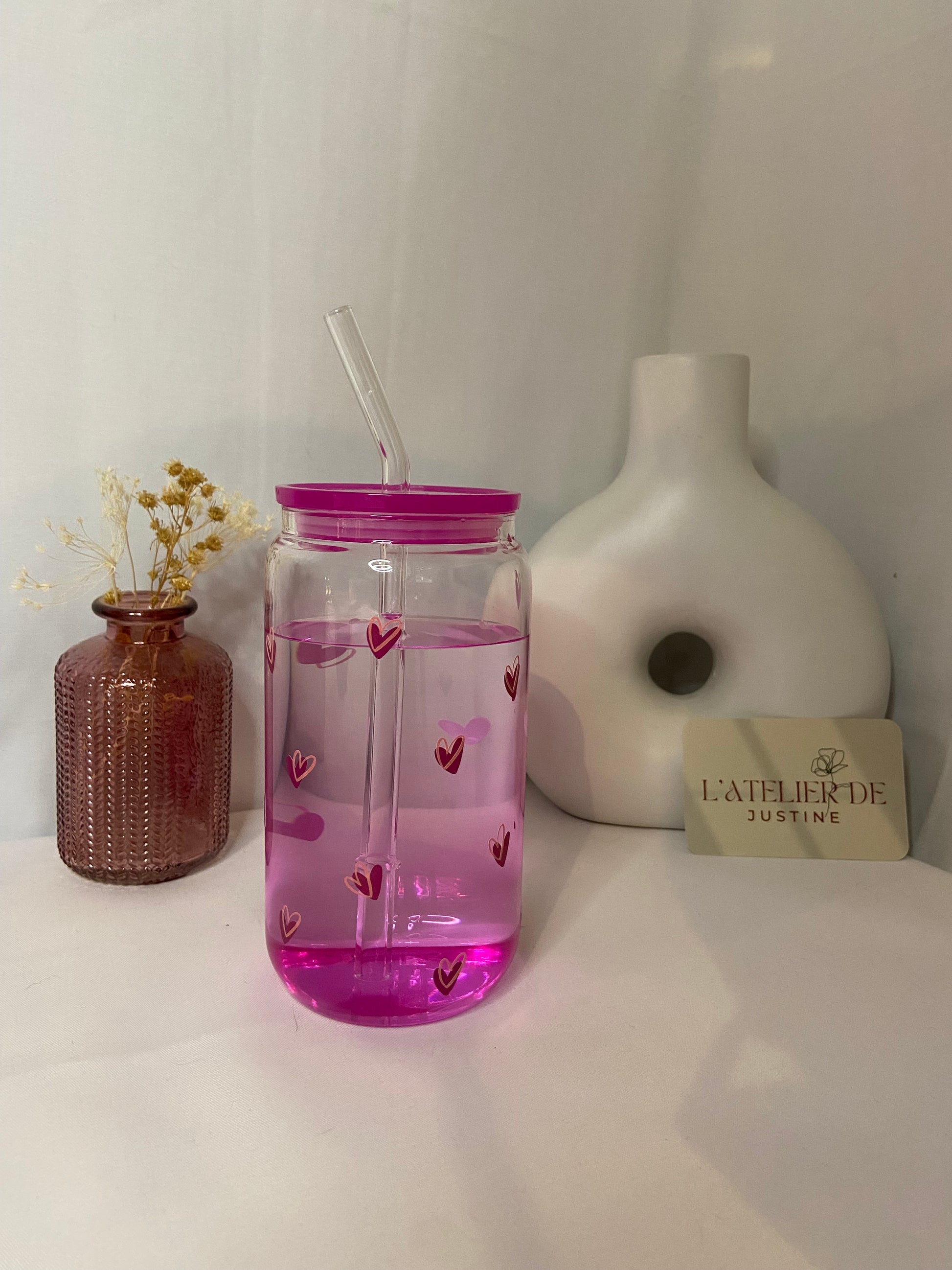 Verre personnalisé avec couvercle et paille : Coeur
