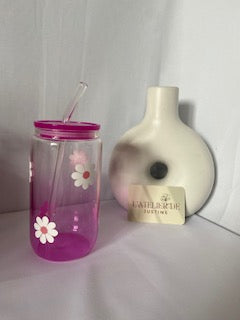 Verre personnalisé avec couvercle et paille : Marguerites