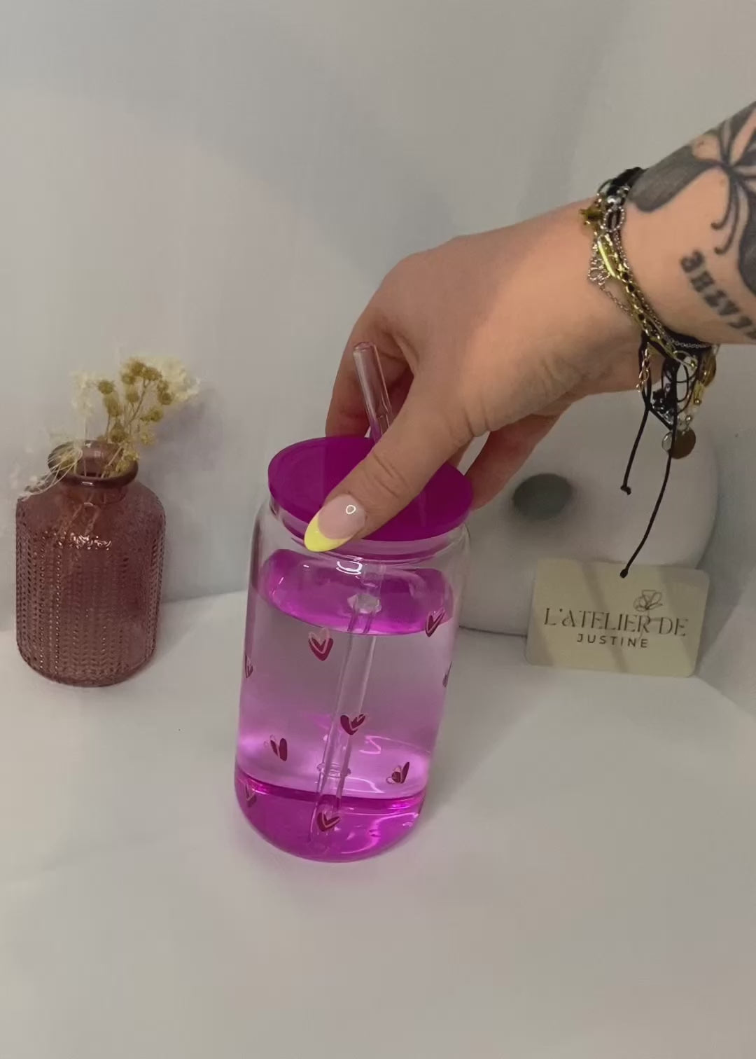 Verre personnalisé avec couvercle et paille : Coeur